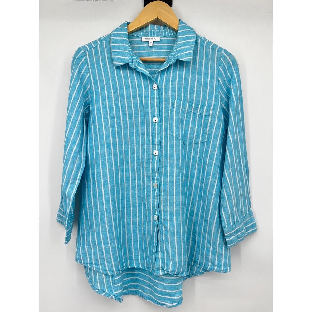 Habitat Linen Button Up Oversized Top Women's XS Striped Blue and White